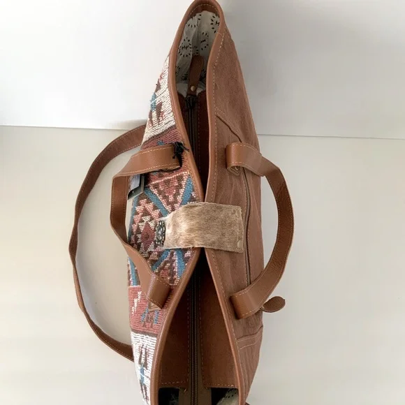 Myra Bag Tori Tote Aztec Native Weave Hair Hide Brown Canvas Tote NWT - Picture 11 of 16